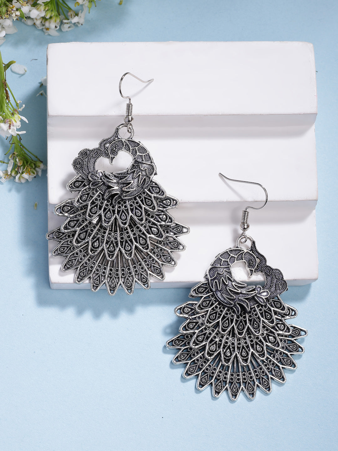 NVR Women's Silver Toned Oxidized Peacock Design Drop Earrings