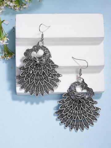 NVR Women's Silver Toned Oxidized Peacock Design Drop Earrings