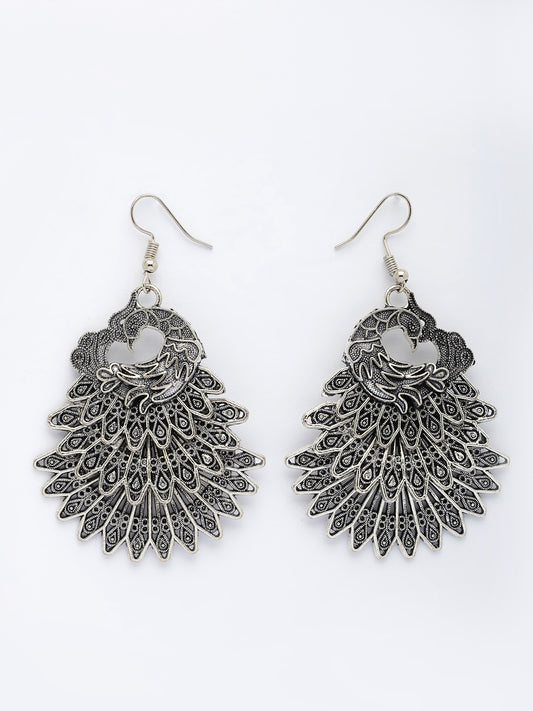 NVR Women's Silver Toned Oxidized Peacock Design Drop Earrings