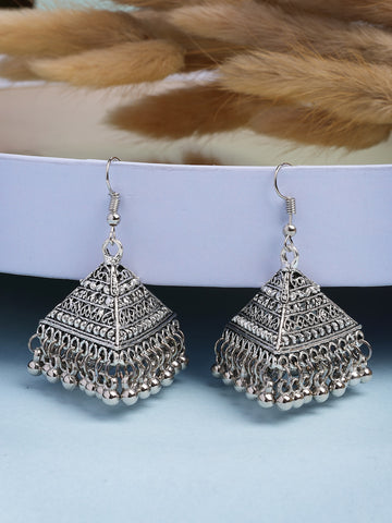 NVR Women's Triangular Shaped Hook Silver Plating Oxidized Jhumka Earrings