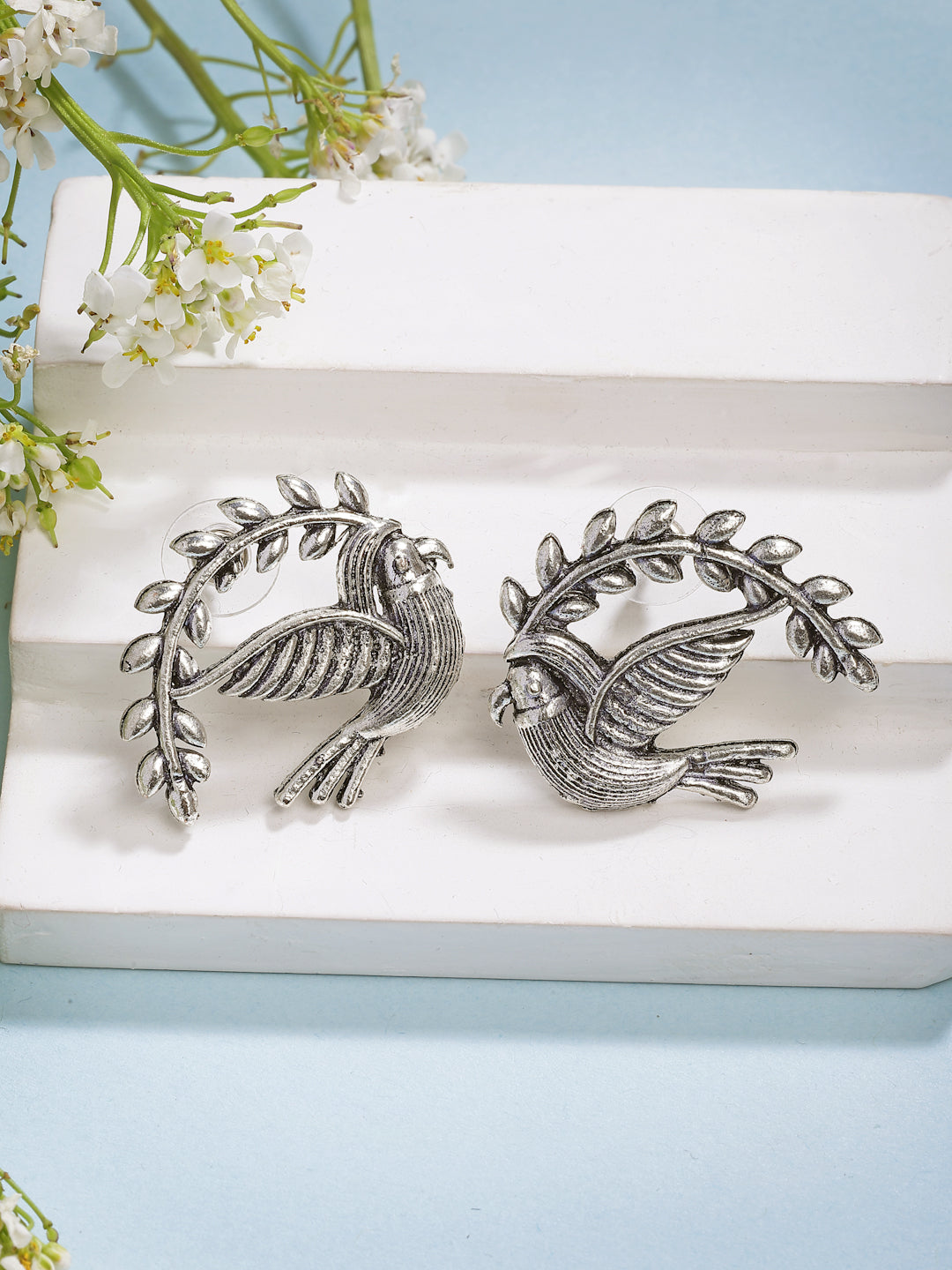 NVR Women Silver Toned Oxidized Pigeon Design Drop Earrings