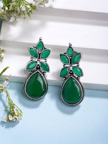 NVR Women Green Artificial Stones Silver Plated Drop Earrings
