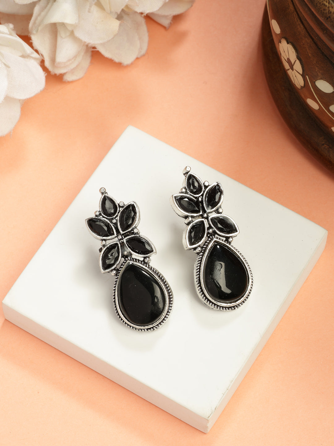 NVR Women Black Artificial Stones Silver Plated Drop Earrings