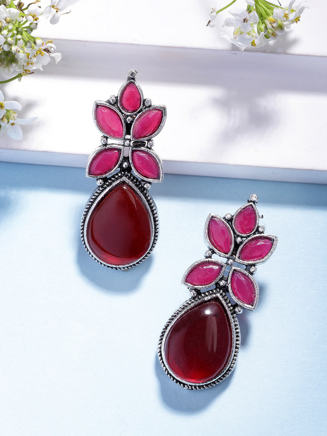 NVR Women Red Artificial Stones Silver Plated Drop Earrings