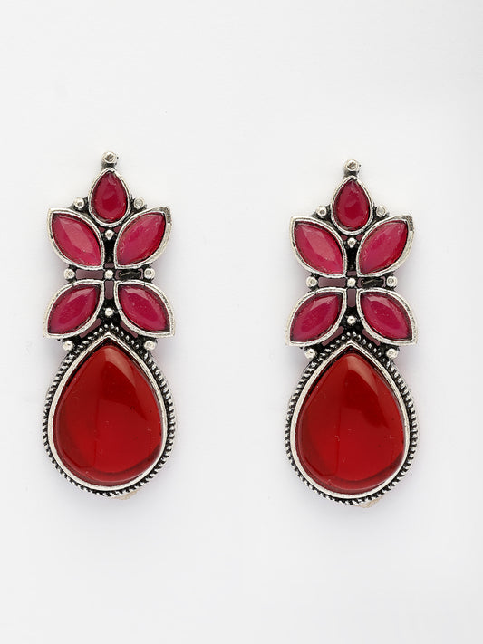 NVR Women Red Artificial Stones Silver Plated Drop Earrings