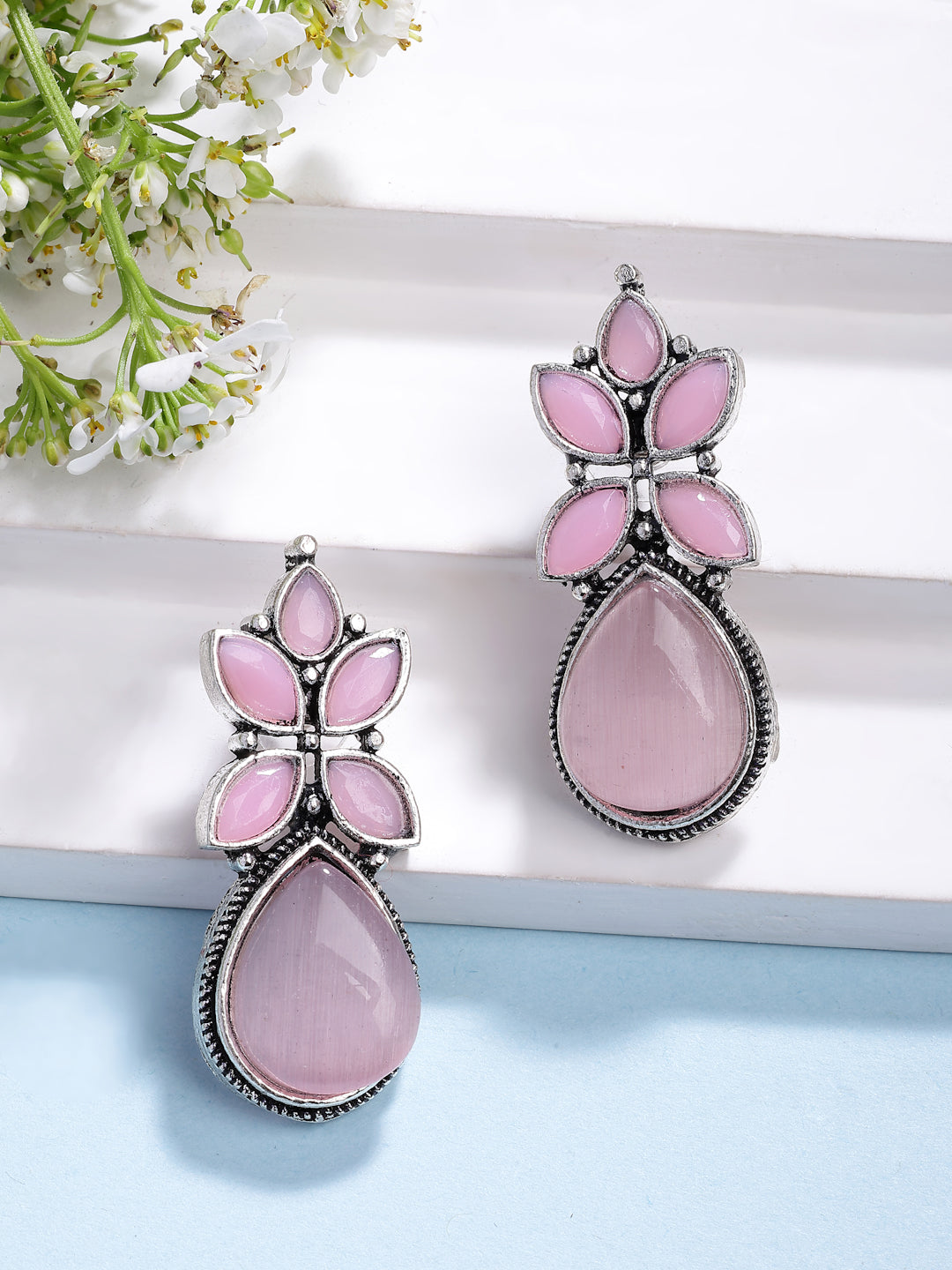 NVR Women Pink Artificial Stones Silver Plated Drop Earrings
