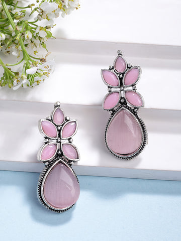 NVR Women Pink Artificial Stones Silver Plated Drop Earrings
