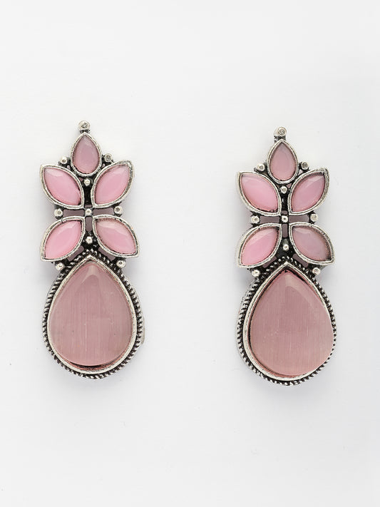 NVR Women Pink Artificial Stones Silver Plated Drop Earrings