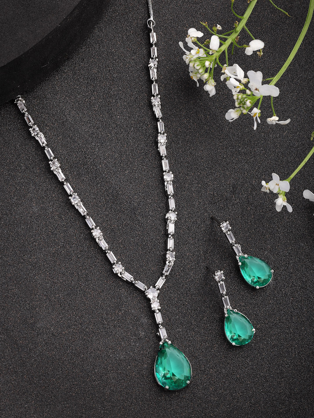 NVR Women's Silver-Plated Green American Diamond-Studded Handcrafted Jewellery Set