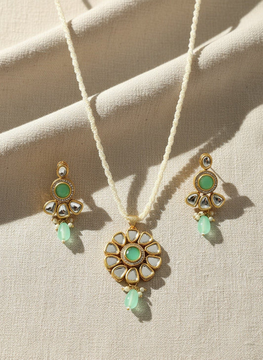 NVR Women Green Stones with Kundan Studded Long Jewellery Set