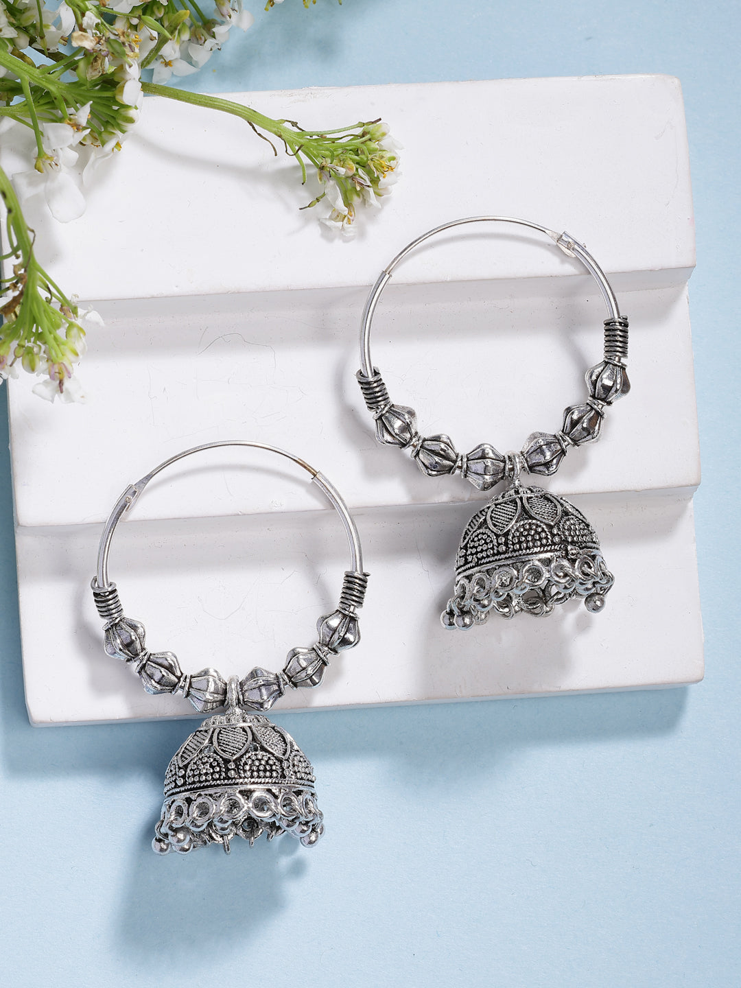 NVR Women's Handmade Silver Plated Oxidized Traditional Jhumka Earrings