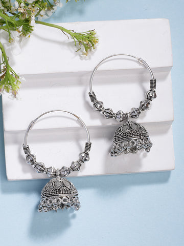 NVR Women's Handmade Silver Plated Oxidized Traditional Jhumka Earrings