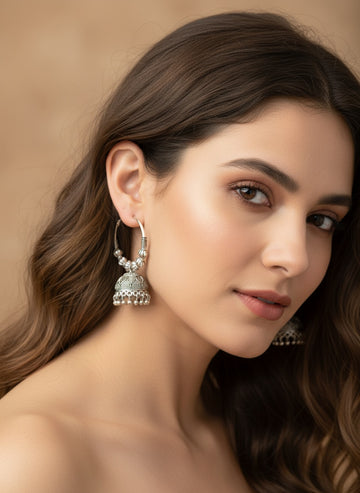 NVR Women's Handmade Silver Plated Oxidized Traditional Jhumka Earrings