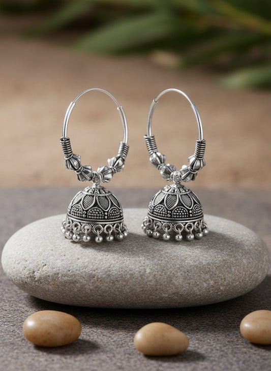 NVR Women's Handmade Silver Plated Oxidized Traditional Jhumka Earrings