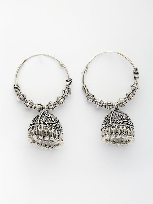 NVR Women's Silver Plated Oxidized Contemporary Jhumka Earrings