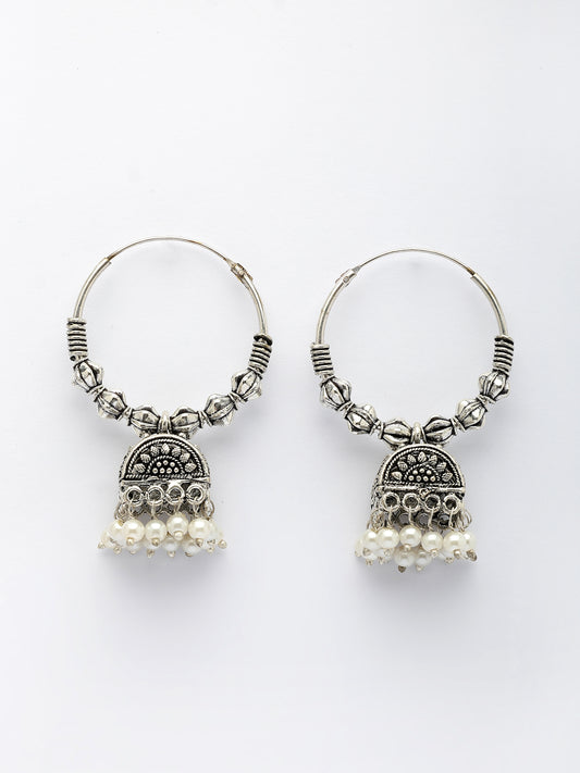 NVR Women Oxidized Silver Plated White Artificial Beads Jhumka Earrings