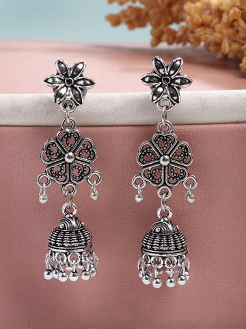 NVR Women Silver Toned Oxidized Floral Design Jhumka Earrings
