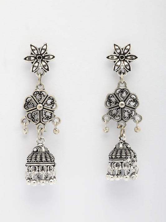 NVR Women Silver Toned Oxidized Floral Design Jhumka Earrings