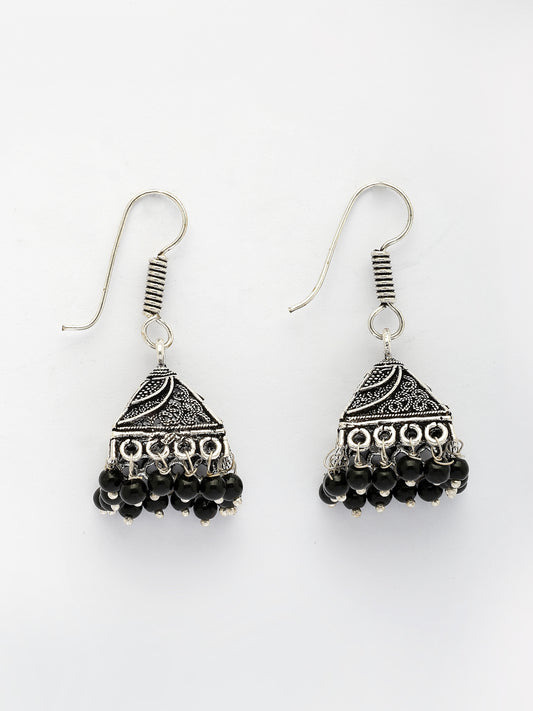 NVR Women's Oxidized Silver Plated Black Artificial Beads Jhumka Earrings