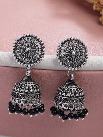 NVR Women's Oxidized Silver Plated Black Artificial Beads Jhumka Earrings