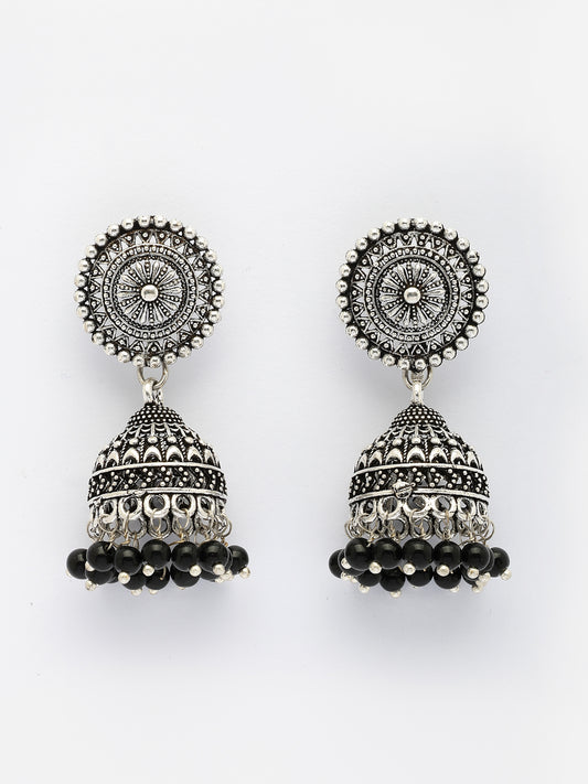 NVR Women's Oxidized Silver Plated Black Artificial Beads Jhumka Earrings