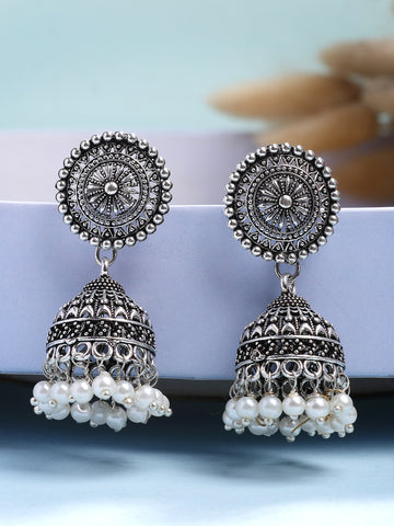 NVR Women's Oxidized Silver Plated White Artificial Beads Jhumka Earrings