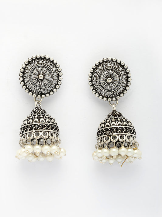 NVR Women's Oxidized Silver Plated White Artificial Beads Jhumka Earrings