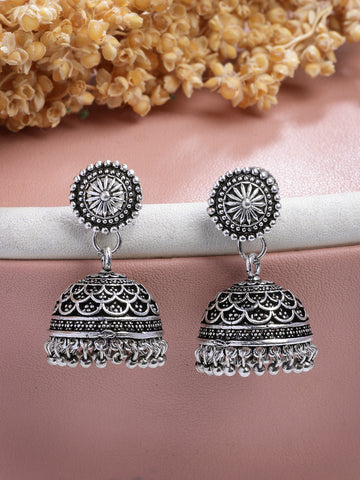 NVR Women Silver Plated Round Shape Oxidized Traditional Jhumka Earrings