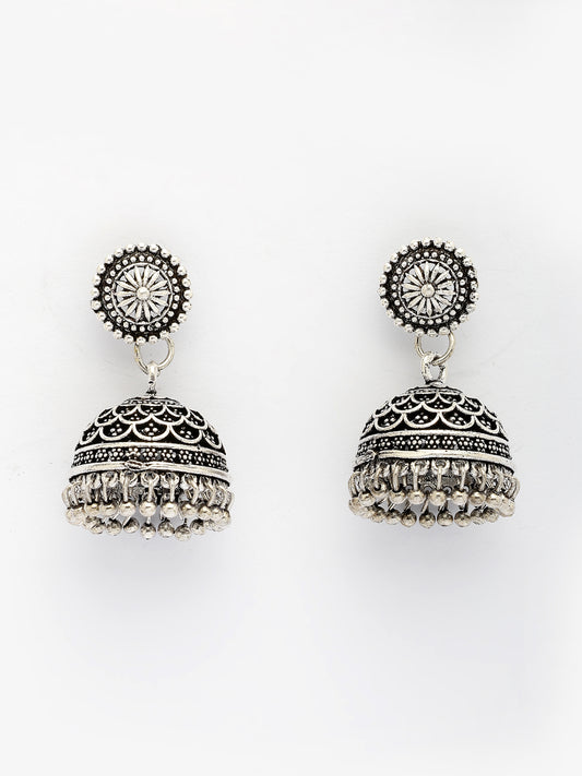 NVR Women Silver Plated Round Shape Oxidized Traditional Jhumka Earrings