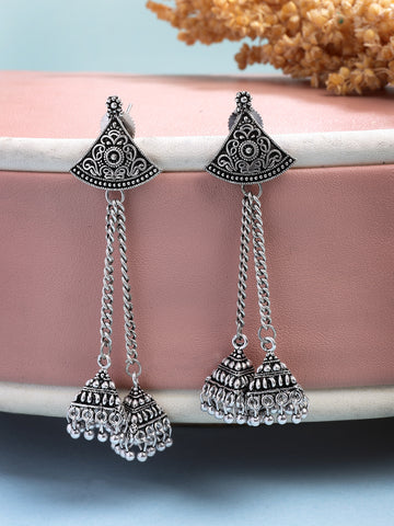 NVR Women Silver Toned Oxidized German Silver Jhumka Earrings
