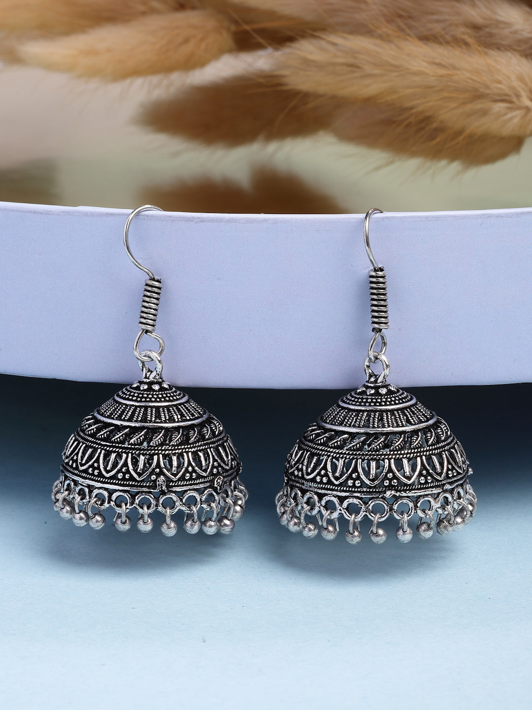 NVR Women's Silver Plated Oxidized German Silver Jhumka Earrings