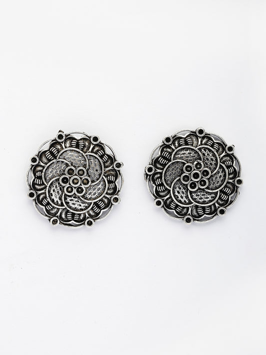 NVR Women's Silver Plated Oxidized Floral Design Stud Earrings