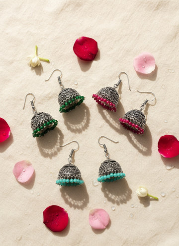 NVR Women Pair of 3 Oxidized Silver Plated Artificial Beads Jhumka Earrings