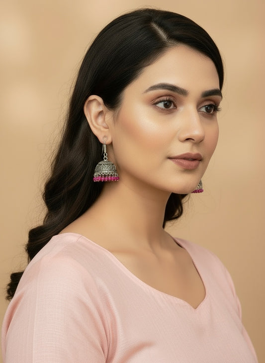 NVR Women Pair of 3 Oxidized Silver Plated Artificial Beads Jhumka Earrings