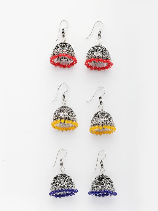 NVR Women's Pair of 3 Oxidized Silver Plated Multicolor Artificial Beads Jhumka Earrings