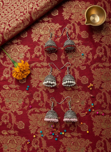NVR Women Pair of 3 Oxidized Silver Plated Multicolor Artificial Beads Jhumka Earrings