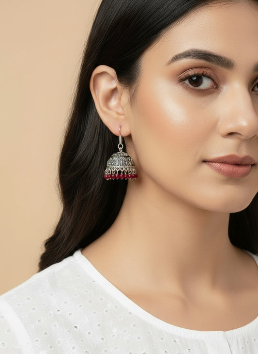NVR Women Pair of 3 Oxidized Silver Plated Multicolor Artificial Beads Jhumka Earrings
