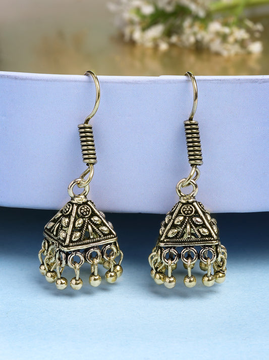 NVR Women's Set of 2 Traditional Gold Plated Oxidized Jhumka Earrings