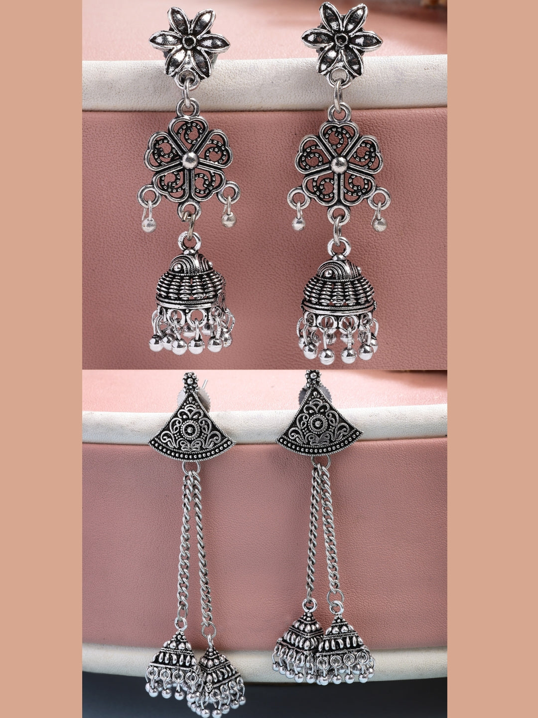 NVR Women Set of 2 Silver Toned Oxidized Jhumka Earrings