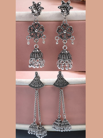 NVR Women Set of 2 Silver Toned Oxidized Jhumka Earrings