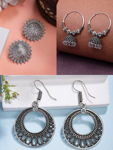 NVR Women Set of 3 Silver Plated Oxidized Traditional Earrings
