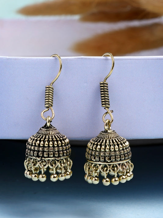 NVR Women Set of 3 Gold Plated Oxidized Contemporary Jhumka Earrings