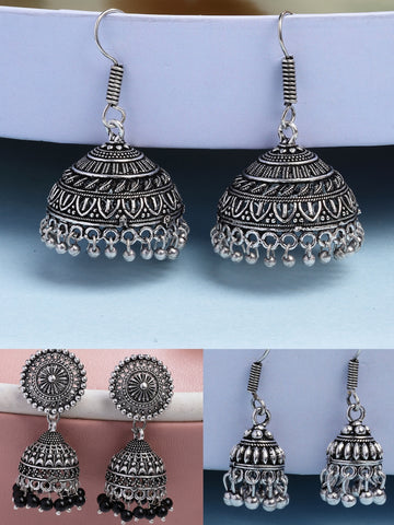 NVR Women's Set of 3 Traditional Silver Plated Oxidized Jhumka Earrings