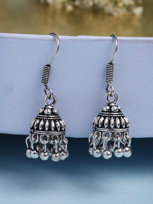 NVR Women's Set of 3 Traditional Silver Plated Oxidized Jhumka Earrings