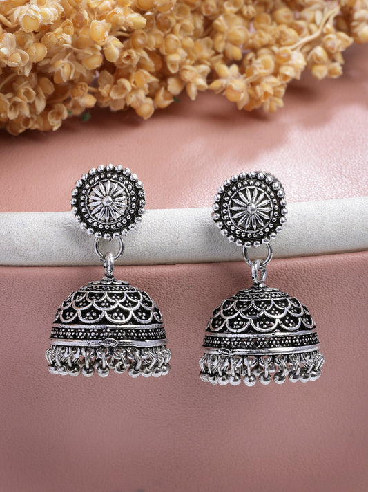 NVR Women Set of 3 Silver Plated Oxidized Traditional Jhumka & Stud Earrings