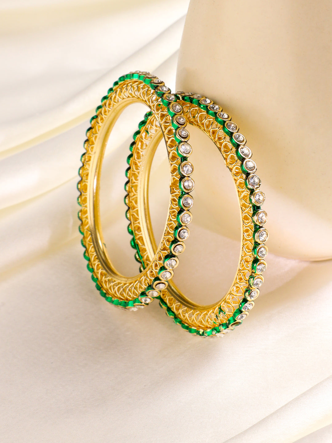 NVR Women Set of 2 Gold Plated Green Kundan Studded Bangles