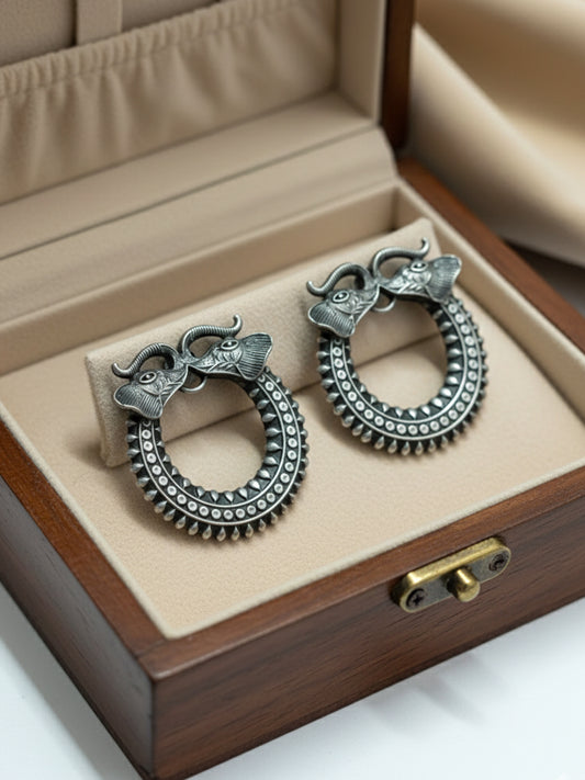 NVR Women Oxidized Silver Plated Elephant Design Drop Earrings