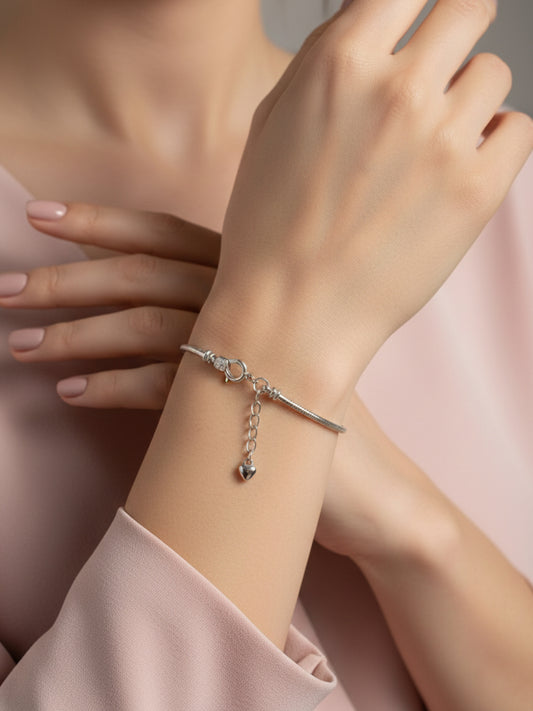 NVR Women's Silver Plated Heart Snake Chain Adjustable Bracelet 