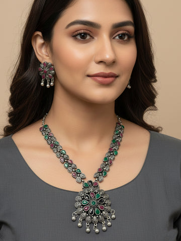 NVR Women Oxidised Silver Finish Multicolor Artificial Stones Jewellery Set