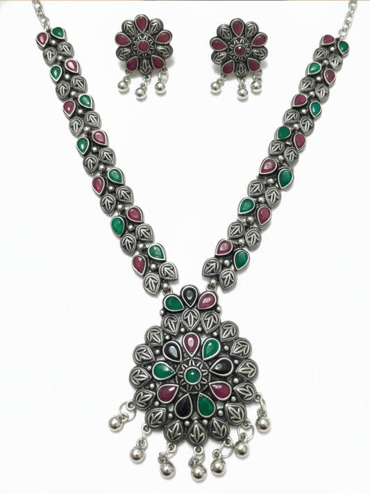 NVR Women Oxidised Silver Finish Multicolor Artificial Stones Jewellery Set